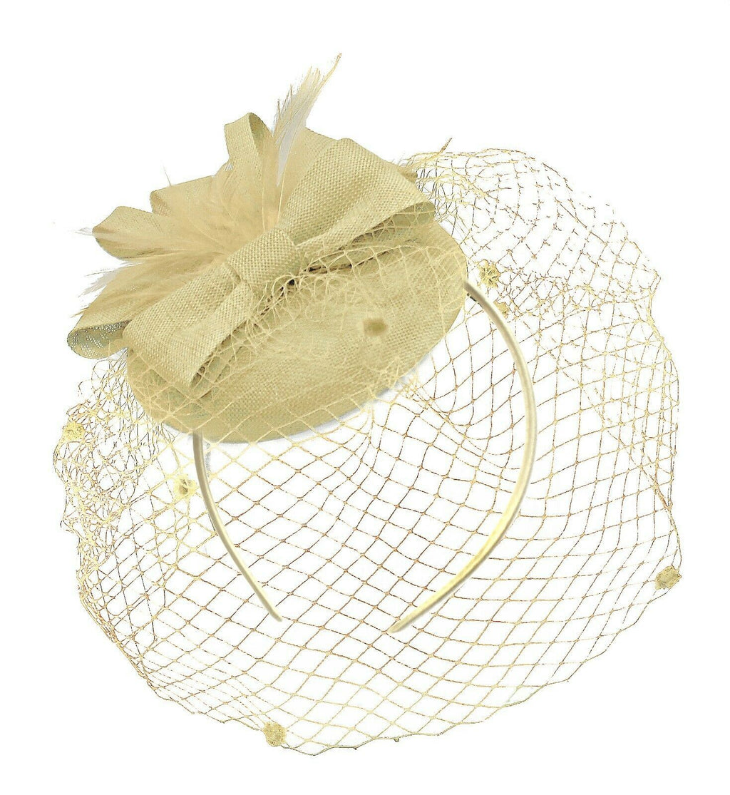 Cream Ivory Birdcage Veil Pillbox Bow Sinamay Headband Fascinator Weddings Ascot Hatinator Races