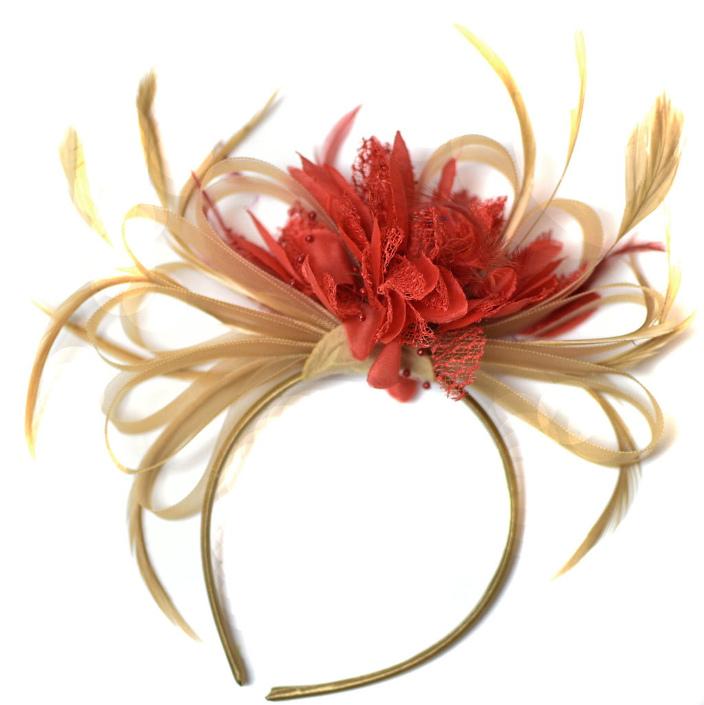 Caprilite Champagne Gold Beige Camel and Red Fascinator on Headband Alice Band UK Wedding Ascot Races Derby