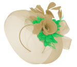 Caprilite Beige Camel and Grass Green Fascinator Hat Veil Net Hair Clip Ascot Derby Races Wedding Headband Feather Flower