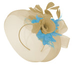 Caprilite Beige Camel and Aqua Fascinator Hat Veil Net Hair Clip Ascot Derby Races Wedding Headband Feather Flower