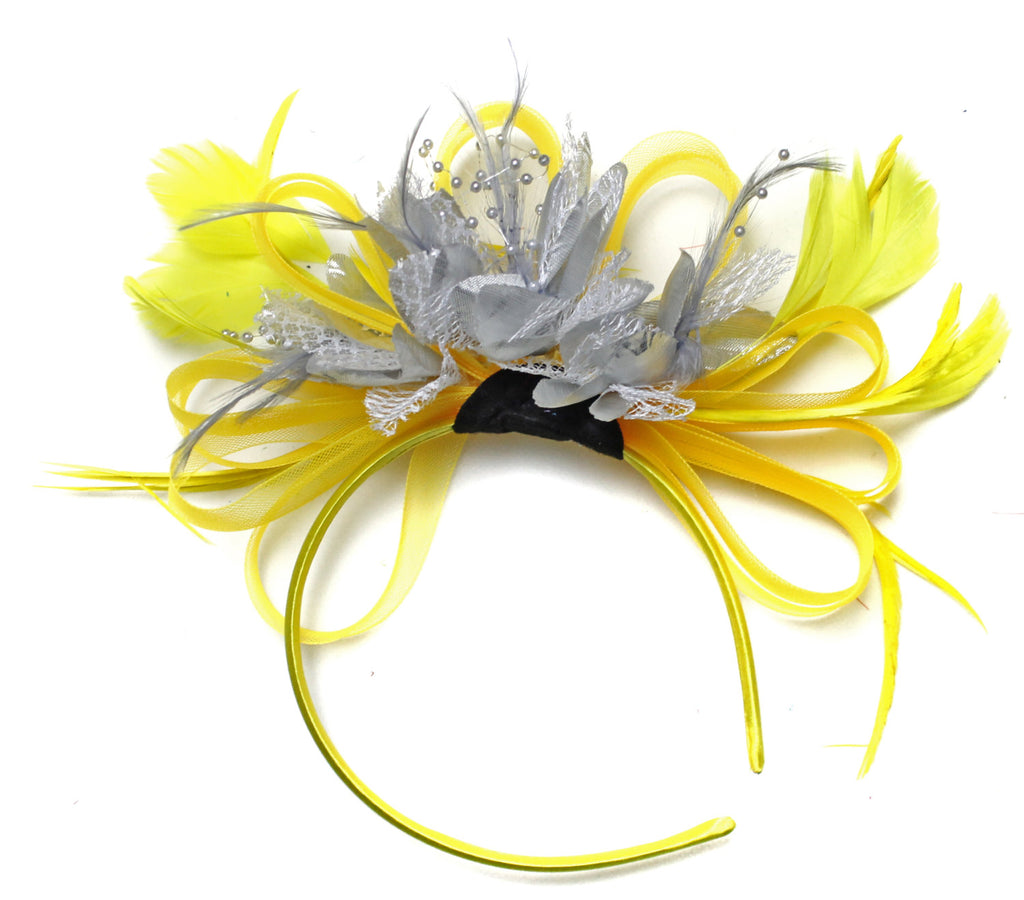 Caprilite Bright Yellow & Silver Feathers Fascinator on Headband