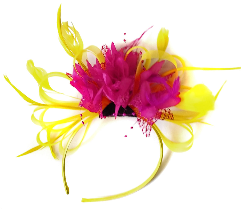 Caprilite Bright Yellow & Fuchsia Pink Feathers Fascinator on Headband