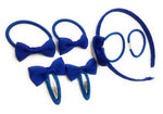 7 PIECE SCHOOL COLOURS Hair Bow Snap Clips SET ALICE BAND PONIOS PonyTail Holder Headband - Royal Blue