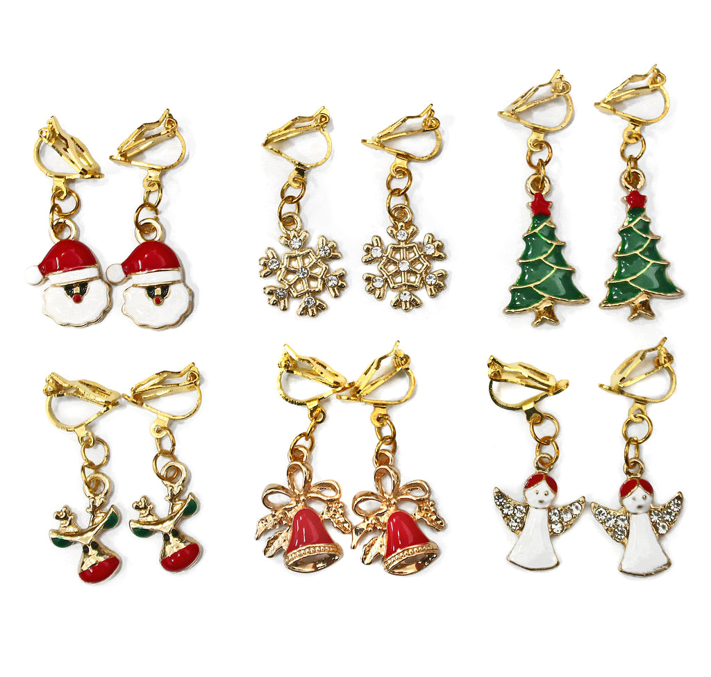 Girls Gold Christmas Drop Dangle Earrings Red Green White - Pierced or Clip On
