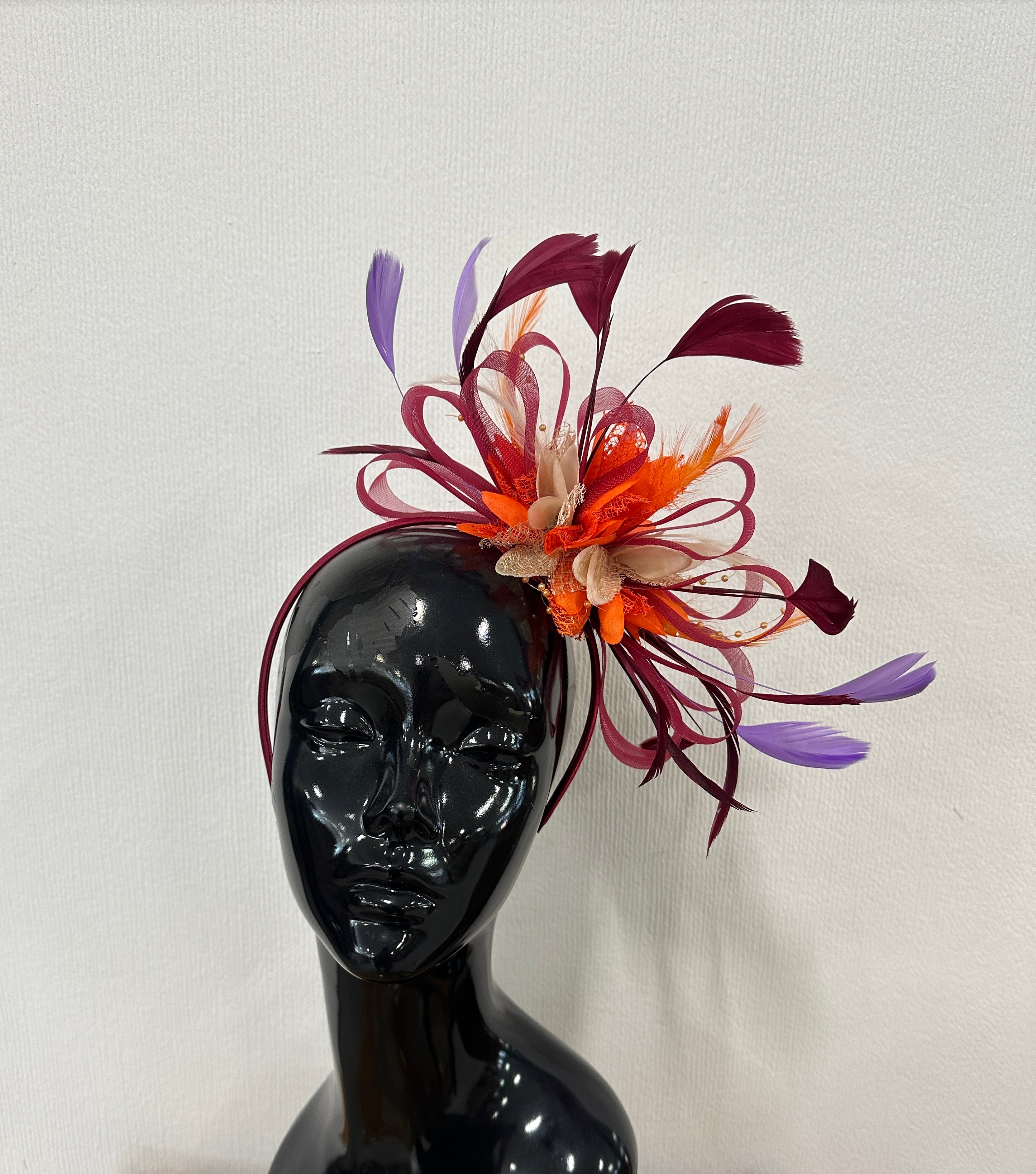 Bespoke fascinator on headband womens burgundy orange lilac beige
