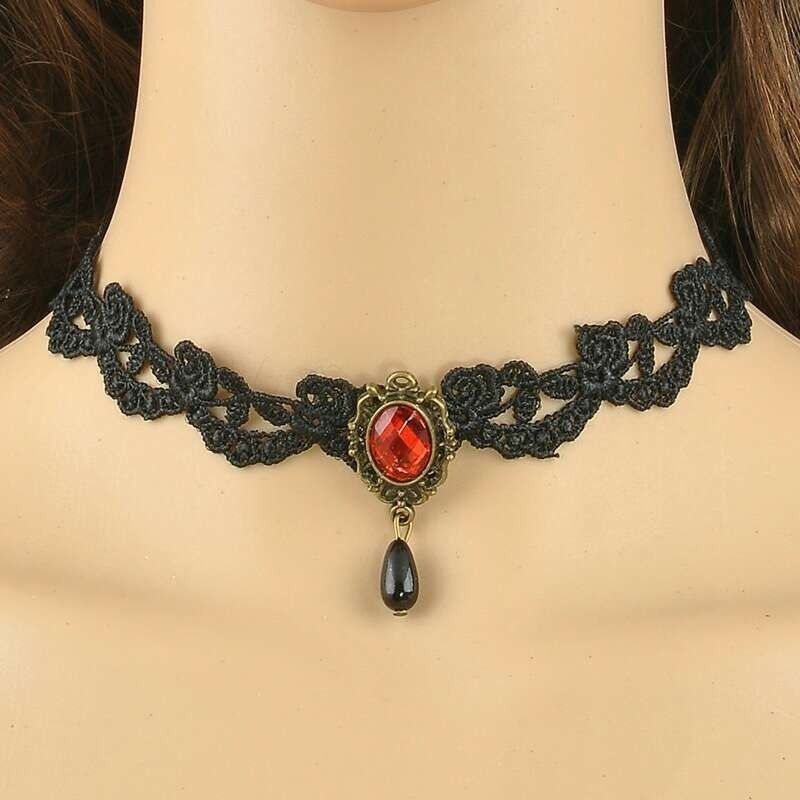 Gothic Red Slim Lace Necklace Collar Choker Halloween Retro Vintage Chain Vampire