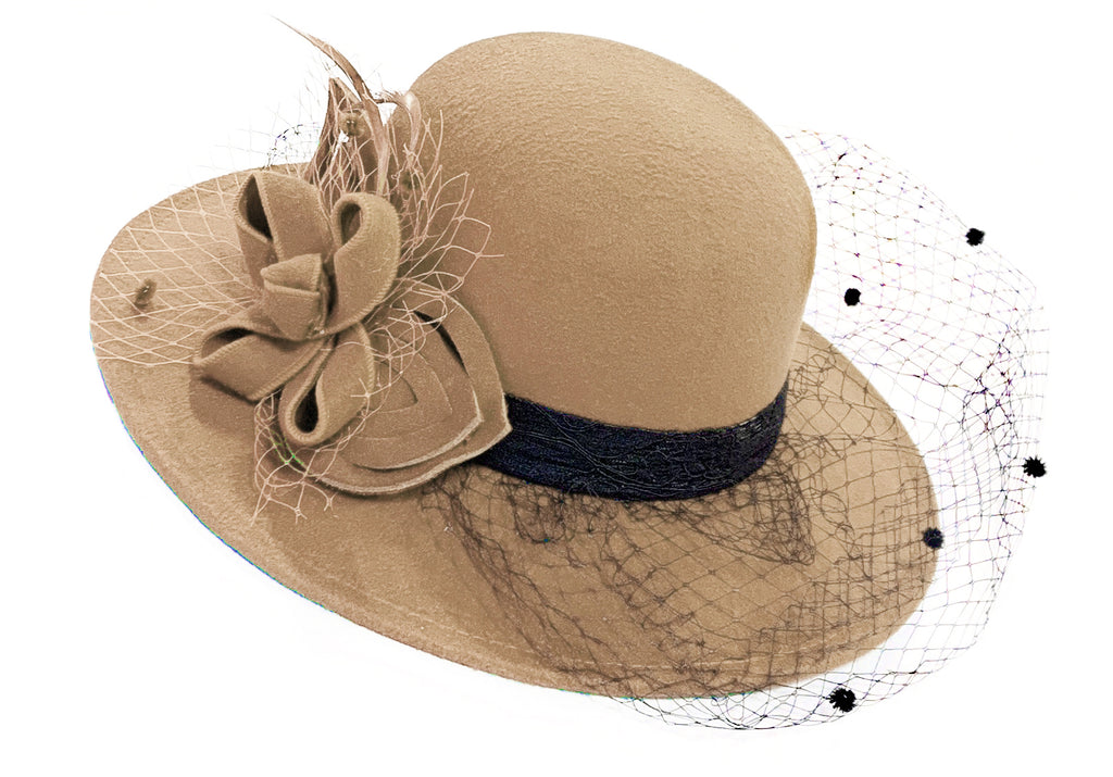 Large Wool Mix Brim Fedora with Hat Veil Hatinator Fascinator - Beige / Light Tan / Camel