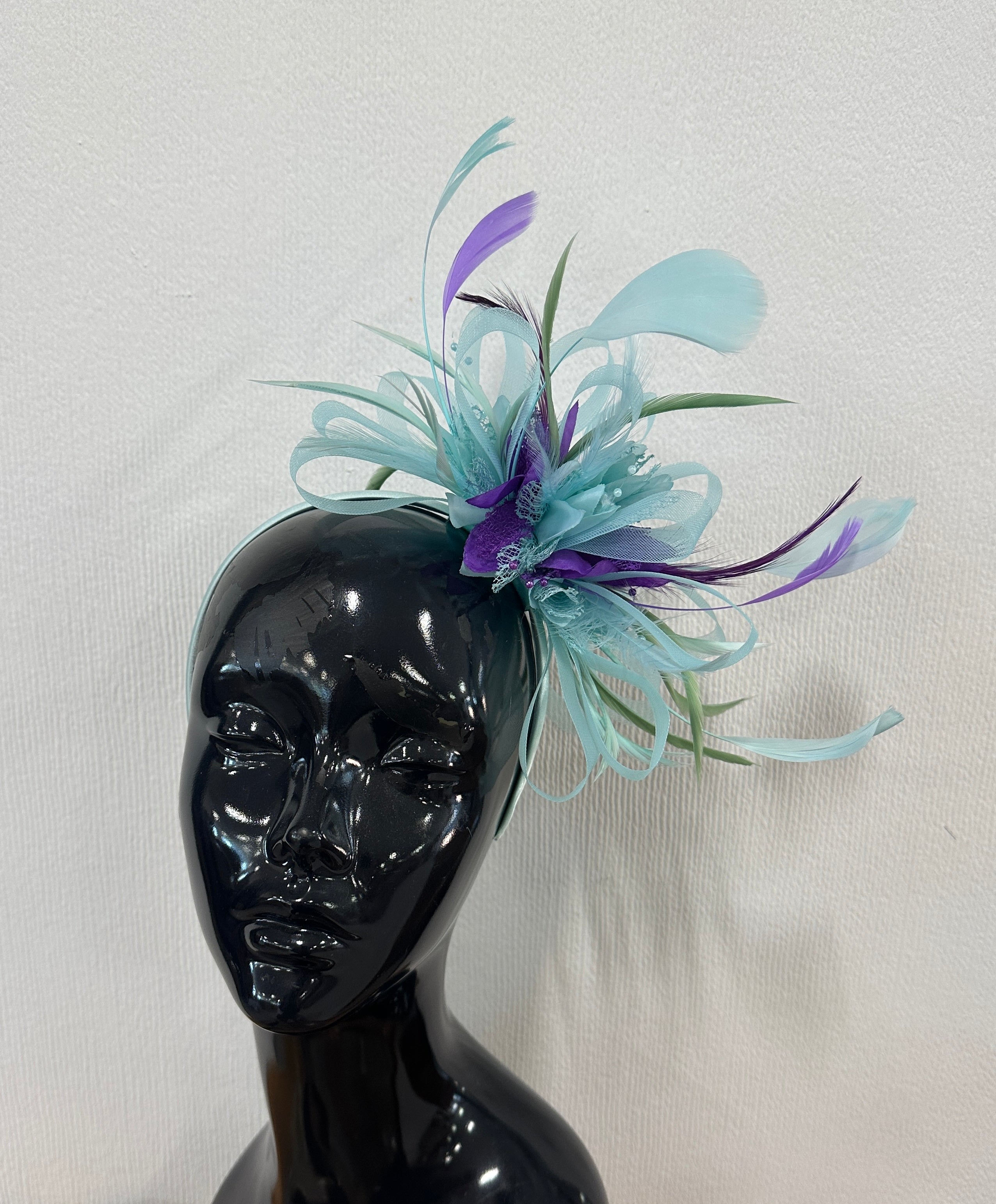 Bespoke Fascinator on Headband -  Light teal, purple, sage green