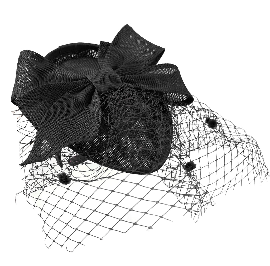 Teardrop Pointed Pillbox Base Large Bow Fascinator with Birdcage Veil on Headband - Black