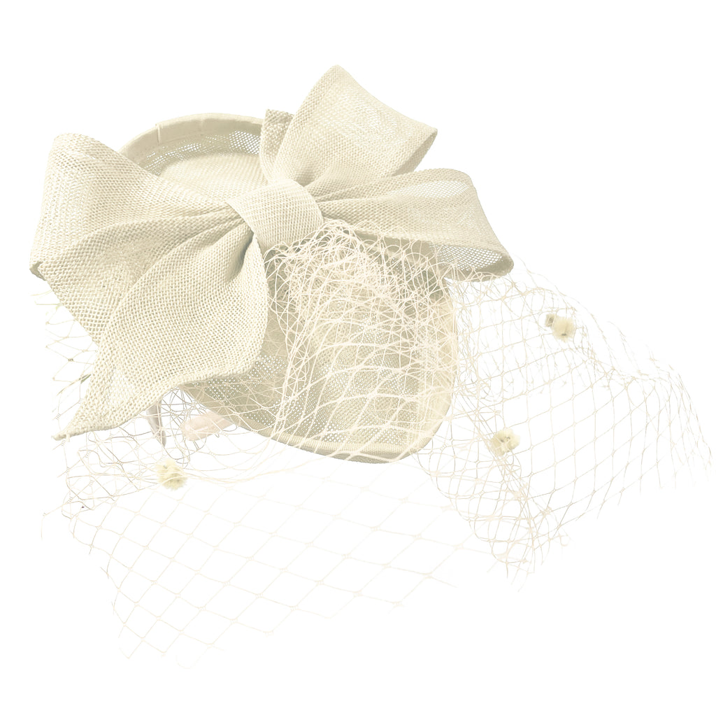 Teardrop Pointed Pillbox Large Bow Fascinator with Birdcage Veil on Headband - Ivory Cream