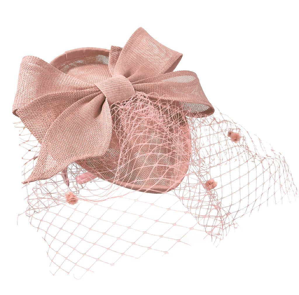 Teardrop Pointed Pillbox Large Bow Fascinator with Birdcage Veil on Headband - Dusty Pink