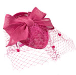 Teardrop Pointed Pillbox Base Large Bow Fascinator with Birdcage Veil on Headband - Fuchsia Pink