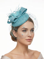 Light Blue Birdcage Veil Pillbox Bow Sinamay Headband Fascinator Weddings Ascot Hatinator Races