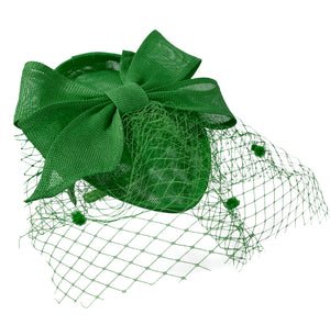 Teardrop Pointed Pillbox Base Large Bow Fascinator with Birdcage Veil on Headband - Green