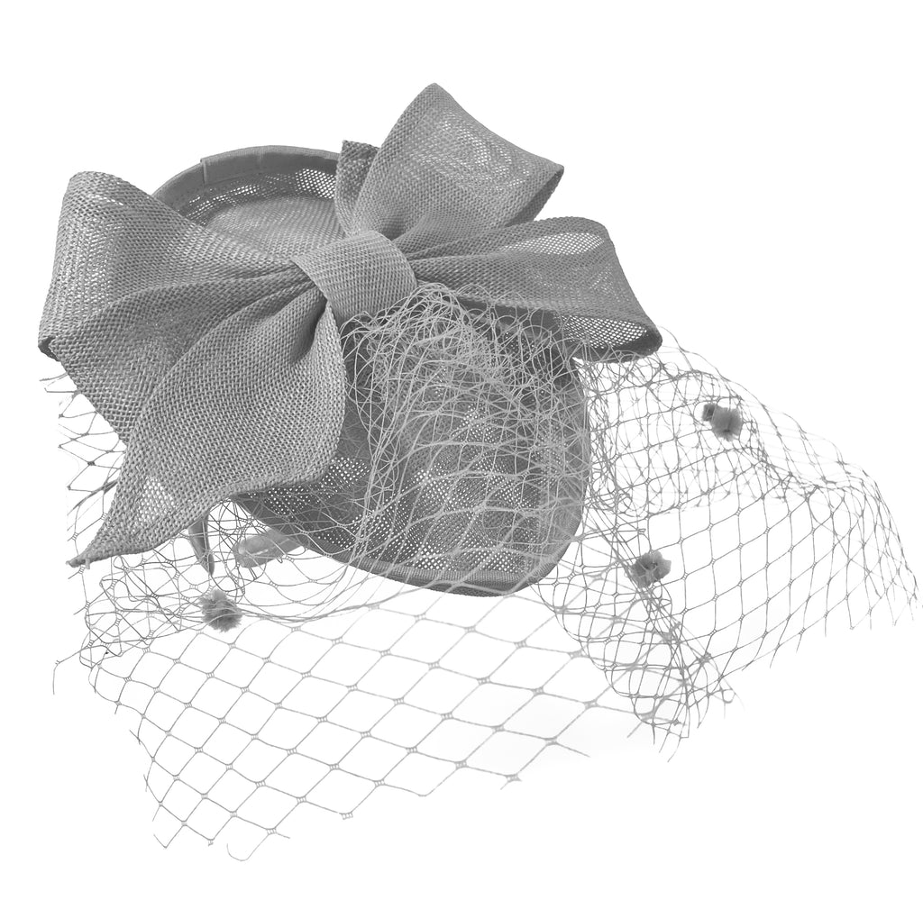 Teardrop Pointed Pillbox Large Bow Fascinator with Birdcage Veil on Headband - Silver Grey