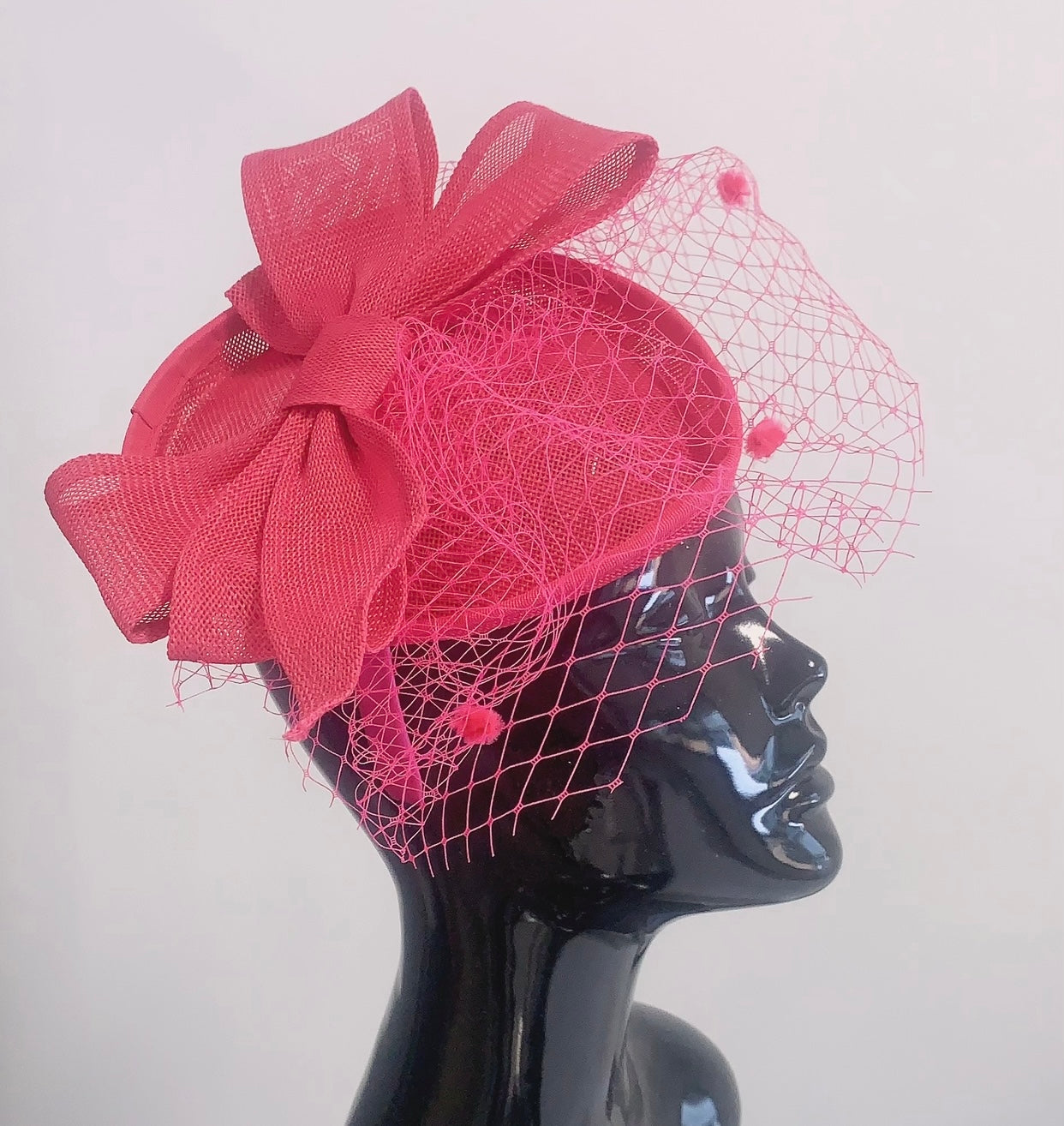 Teardrop Pointed Pillbox Base Large Bow Fascinator with Birdcage Veil on Headband - Fuchsia Pink