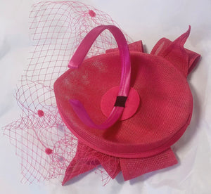 Teardrop Pointed Pillbox Base Large Bow Fascinator with Birdcage Veil on Headband - Burgundy Deep Red