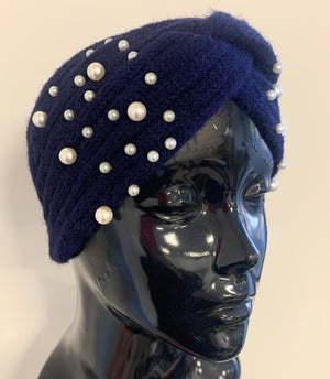 Winter Warm Headband Knit Woolly Head Ear Warmer Wrap Sweatband with Pearl Motifs - Cream