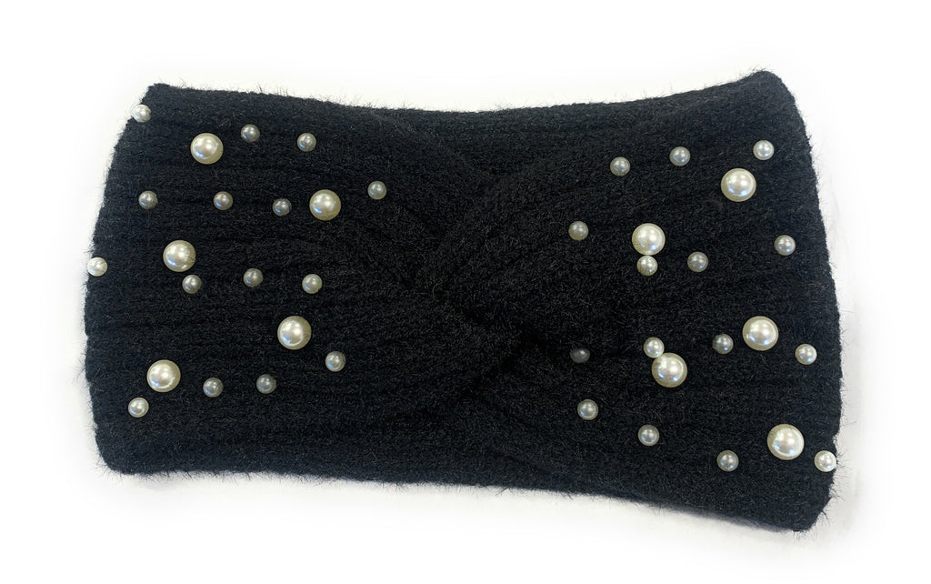 Winter Warm Headband Knit Woolly Head Ear Warmer Wrap Sweatband with Pearl Motifs - Black