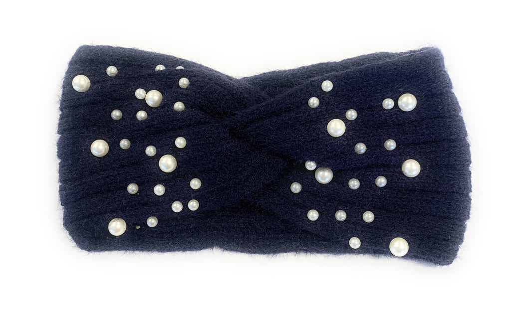 Winter Warm Headband Knit Woolly Head Ear Warmer Wrap Sweatband with Pearl Motifs - Navy Blue