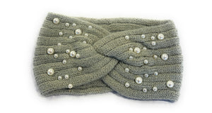Winter Warm Headband Knit Woolly Head Ear Warmer Wrap Sweatband with Pearl Motifs - Grey