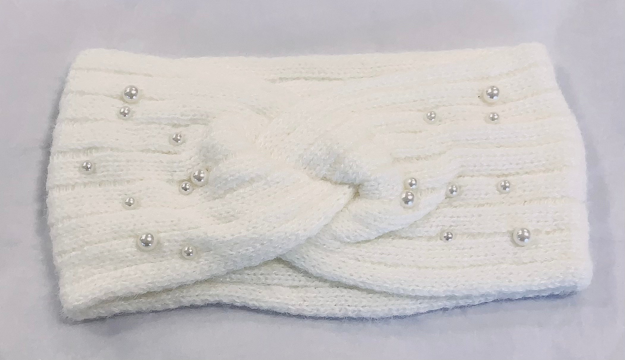 Winter Warm Headband Knit Woolly Head Ear Warmer Wrap Sweatband with Pearl Motifs - White