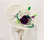 Bespoke 41cm Saucer Disc Fascinator In Cream, Green, Plum With Pearls