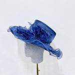 Elegant Navy Blue Organza Floral Wide-Brim Dress Hat