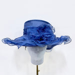 Elegant Navy Blue Organza Floral Wide-Brim Dress Hat