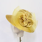 Elegant Gold Satin Floral Wide-Brim Dress Hat