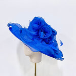 Royal Blue Organza Floral Wide-Brim Dress Hat