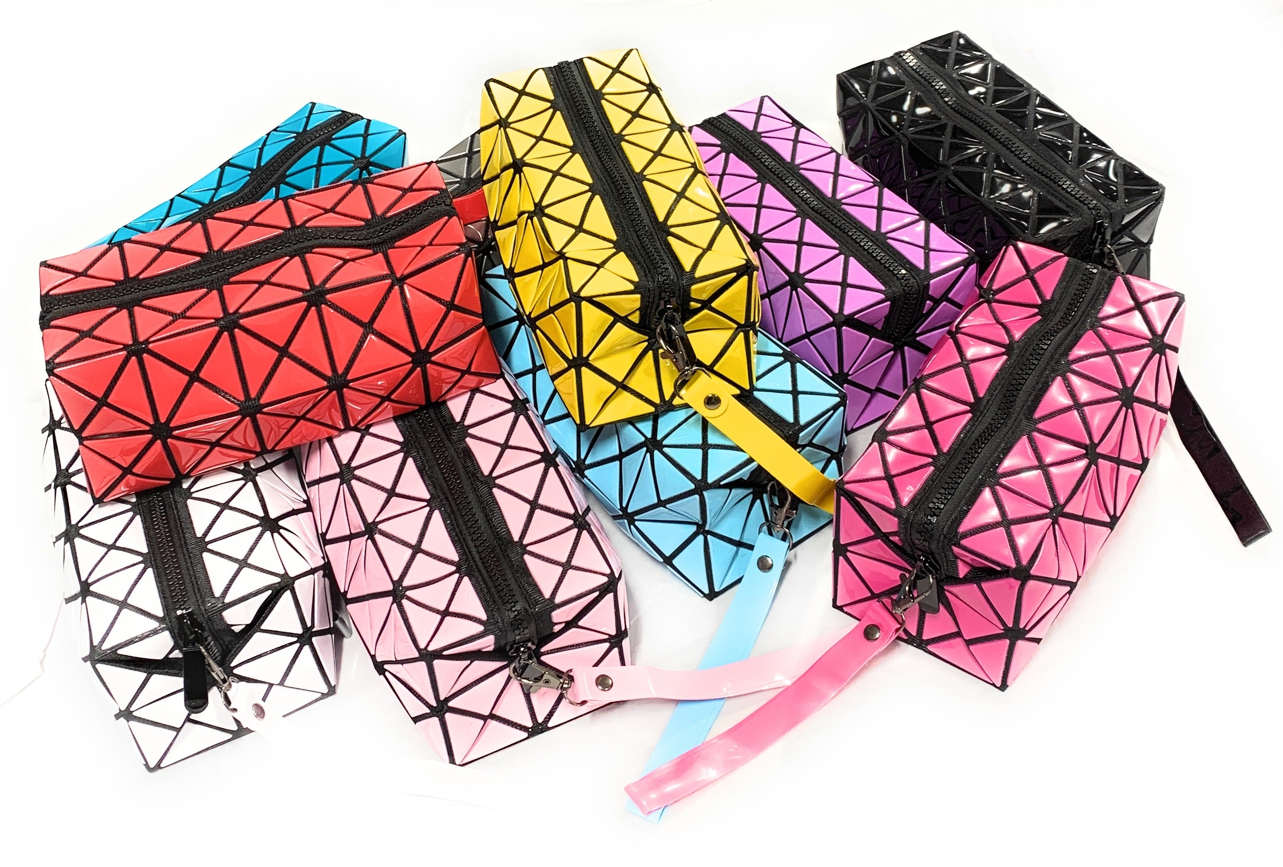 High Gloss Geometric Pencil Case Wash Bag Makeup Wrist Bag - Yellow