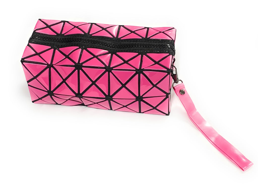 High Gloss Geometric Pencil Case Wash Bag Makeup Wrist Bag - Fuchsia Pink