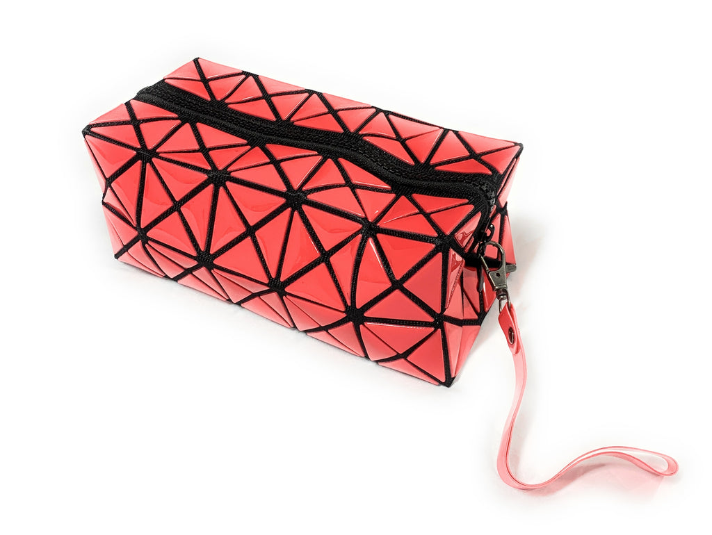 High Gloss Geometric Pencil Case Wash Bag Makeup Wrist Bag - Deep Coral / Red