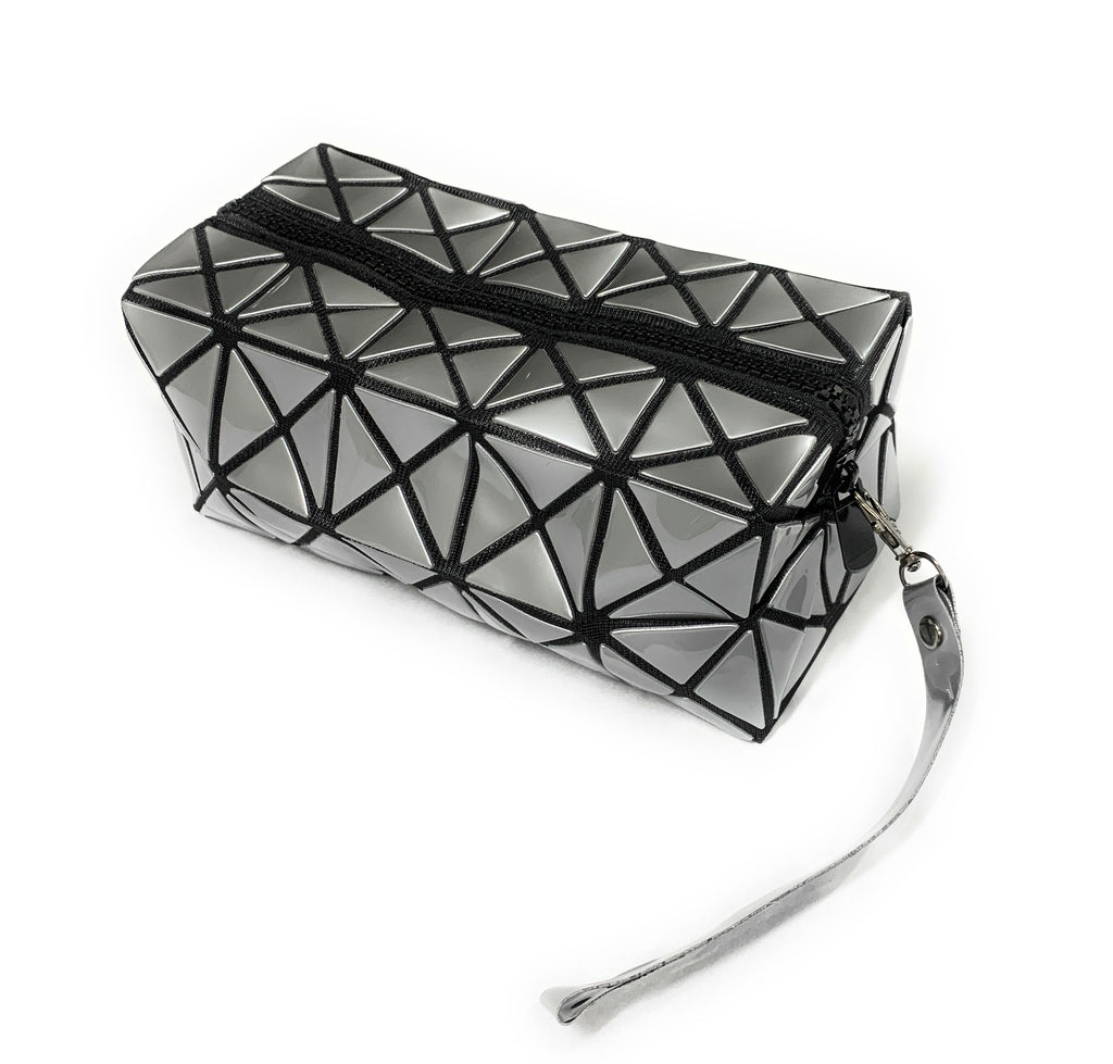 High Gloss Geometric Pencil Case Wash Bag Makeup Wrist Bag - Metallic Silver