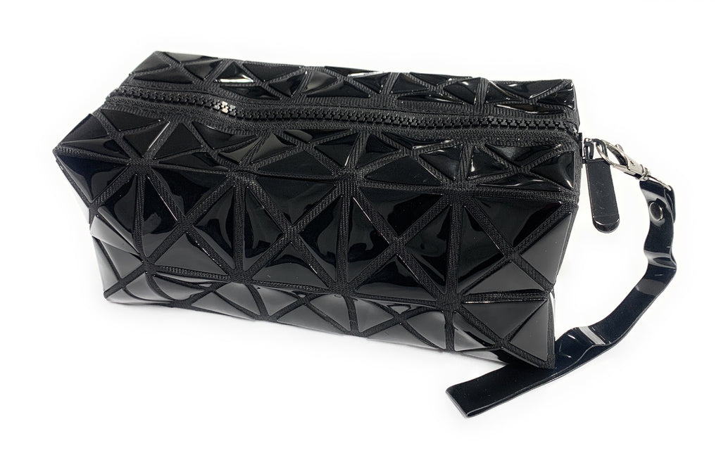 High Gloss Geometric Pencil Case Wash Bag Makeup Wrist Bag - Black