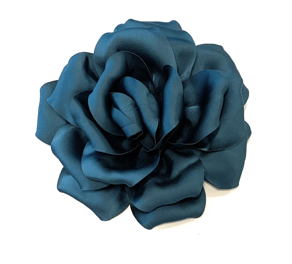 15cm Large Rose Fascinator Corsage Hair Clip and Brooch Pin, Satin Flower, Steel Blue