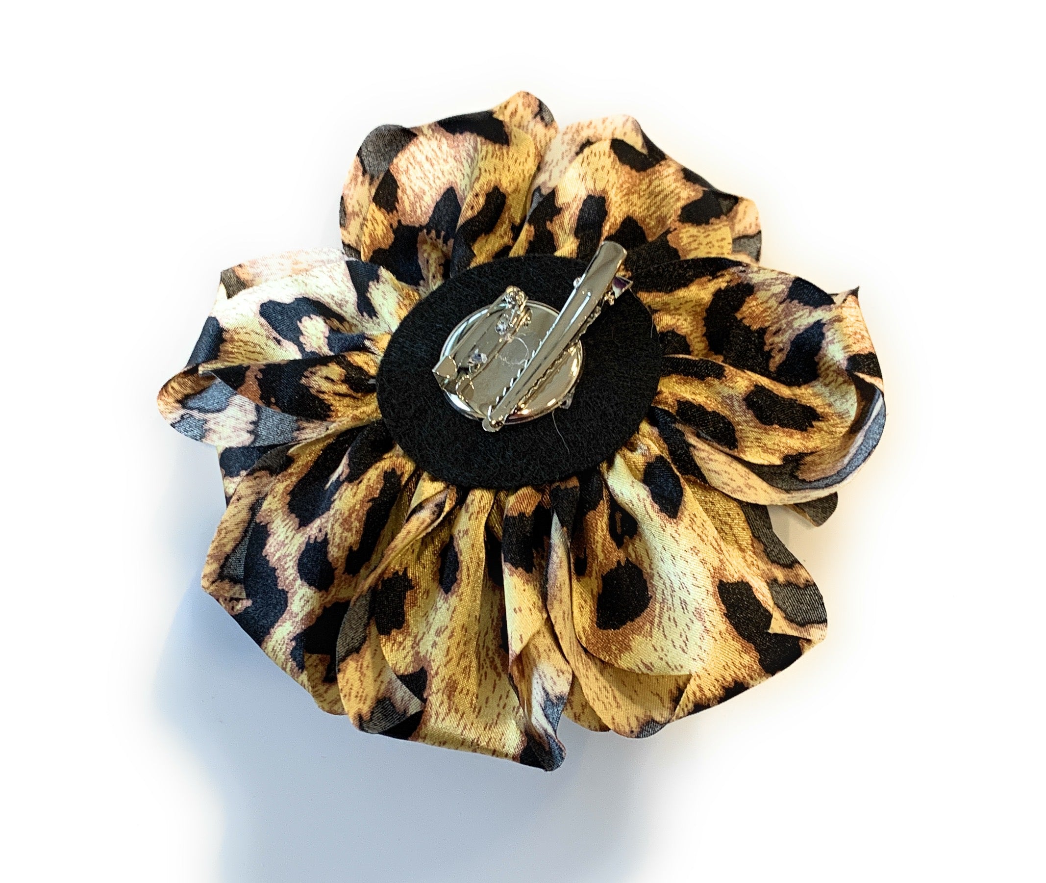 15cm Large Rose Fascinator Corsage Hair Clip and Brooch Pin, Satin Flower, Leopard Print