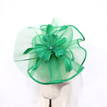 Jade Green Feather Flower & Netting Swept-Brim Saucer Fascinator