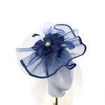 Navy Blue Feather Flower & Netting Swept-Brim Saucer Fascinator
