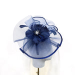 Navy Blue Feather Flower & Netting Swept-Brim Saucer Fascinator
