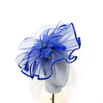 Royal Blue Feather Flower & Netting Swept-Brim Saucer Fascinator