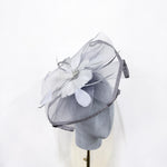 Grey Feather Flower & Netting Swept-Brim Saucer Fascinator