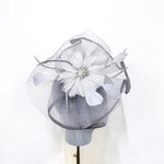 Grey Feather Flower & Netting Swept-Brim Saucer Fascinator
