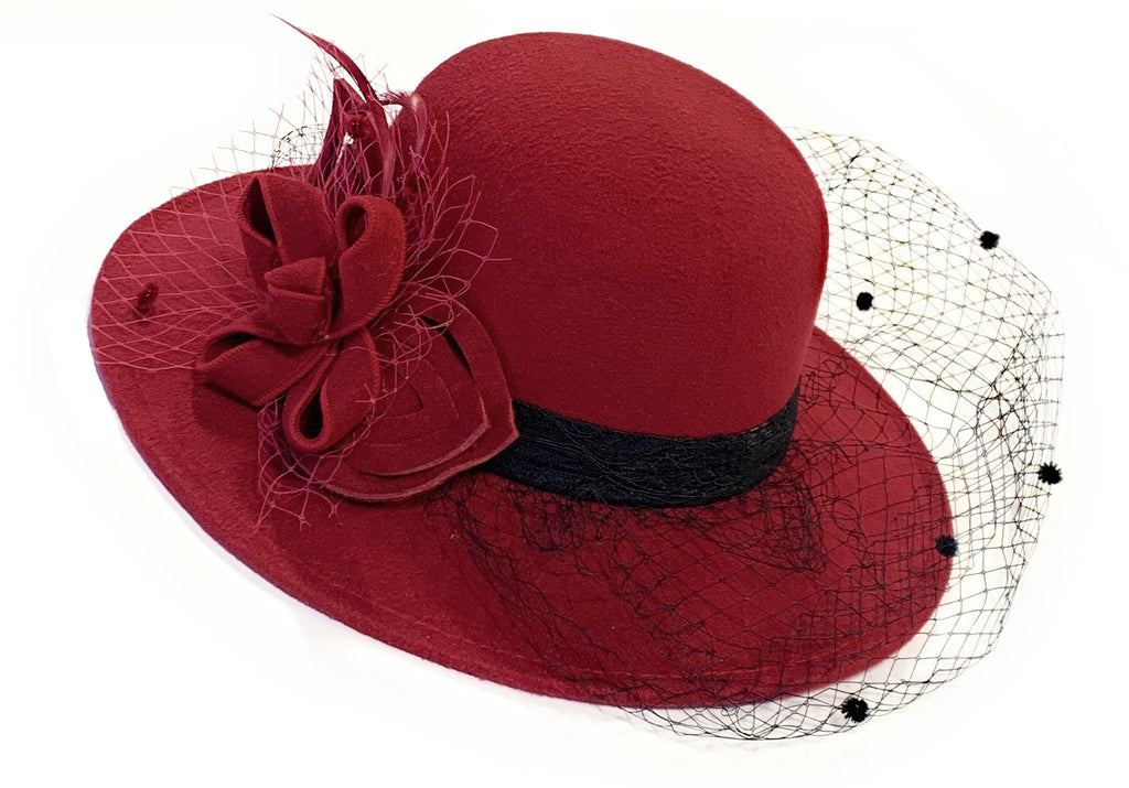 Large Wool Mix Brim Fedora with Hat Veil Hatinator Fascinator - Burgundy / Deep Red