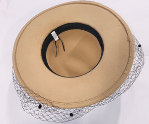 Large Wool Mix Brim Fedora with Hat Veil Hatinator Fascinator - Beige / Light Tan / Camel