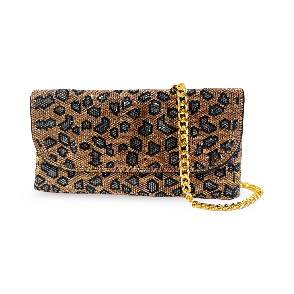 Caprilite Small Crossbody Bag Sparkly Crystal Clutch Fold Handbag Leopard Print