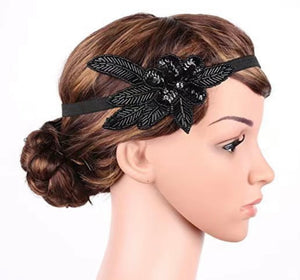 Retro Black 1920's Headband Gatsby Beaded Sequin Leaf Hair Band Boho Bridal Wedding Flapper Party