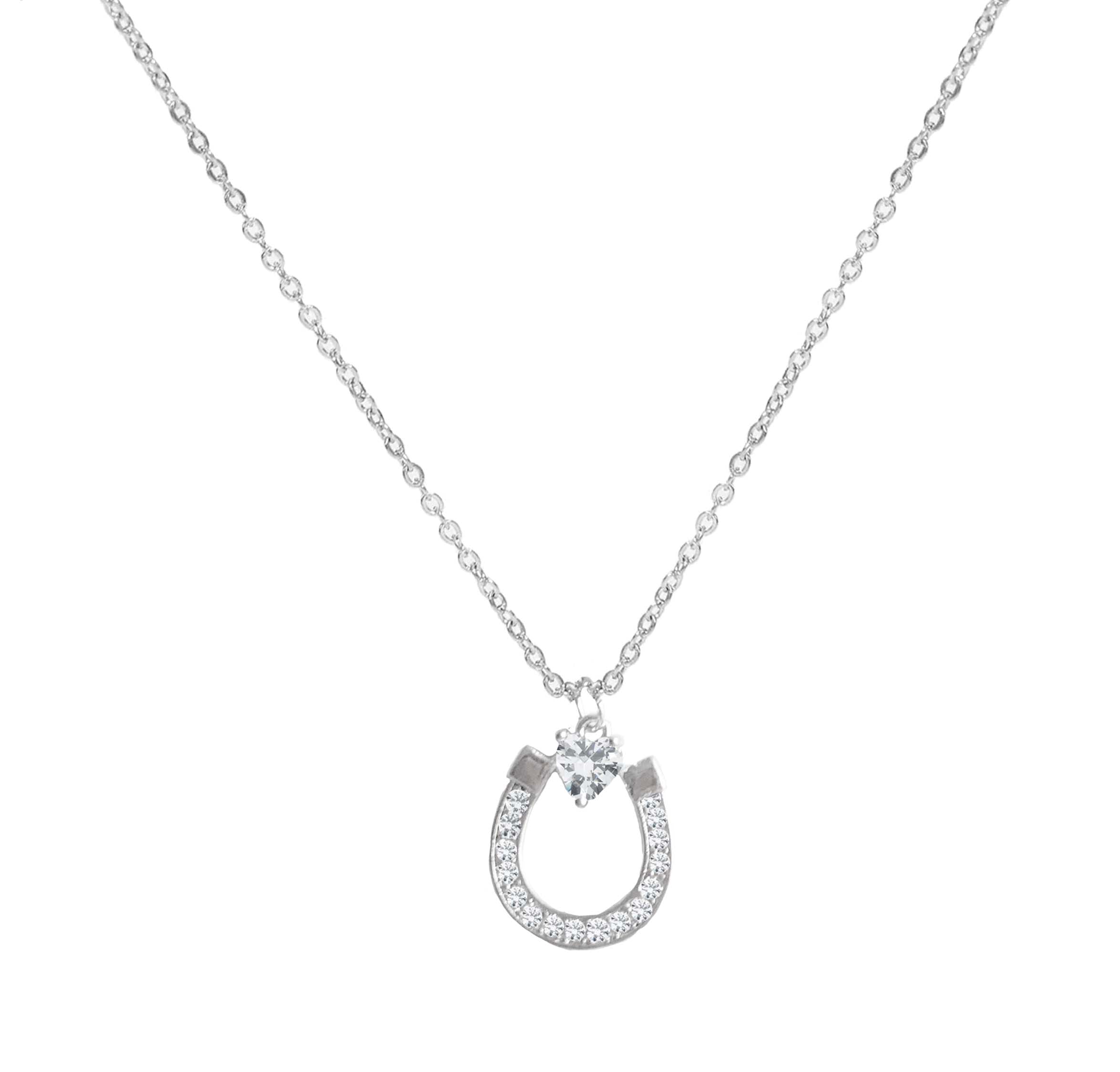 Horse Shoe Lucky Necklace CZ Crystal Pendant Necklace Silver Chain with Gift Pouch