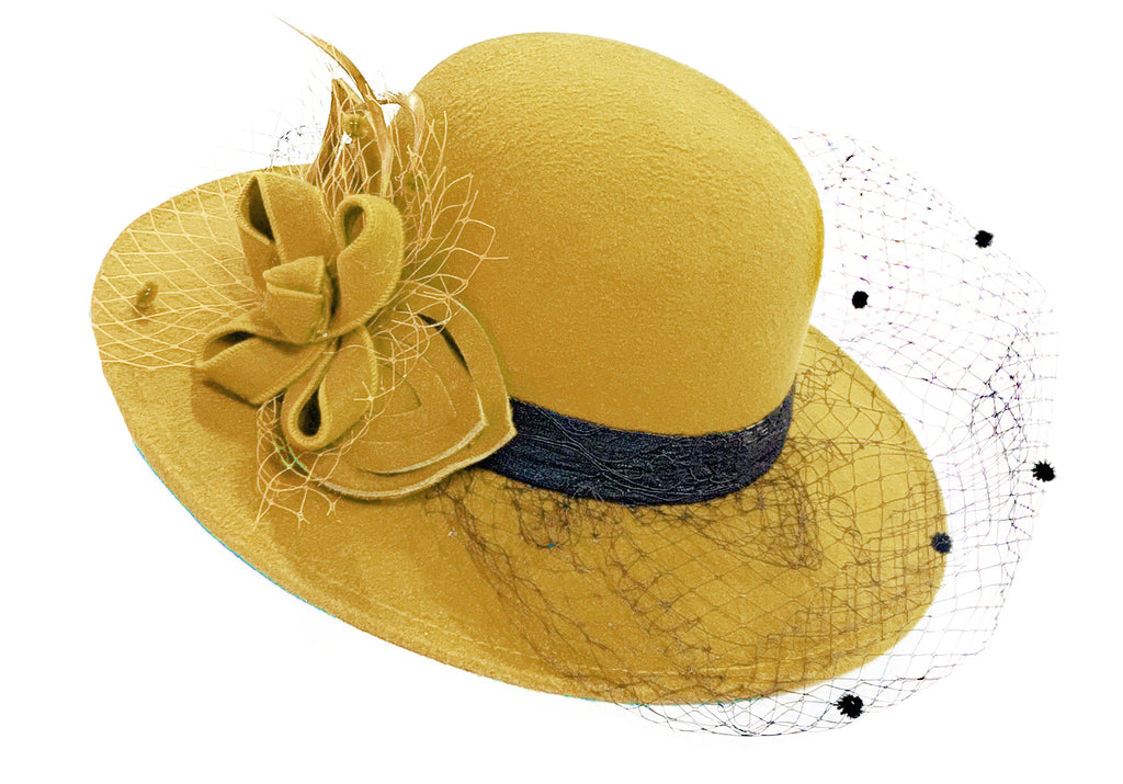 Large Wool Mix Mustard Yellow Brim Fedora with Hat Veil Hatinator Fascinator